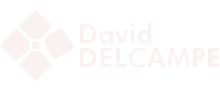 Le logo blanc de David Delcampe, expert en collections et antiquités, symbole de qualité et de passion pour les objets rares.